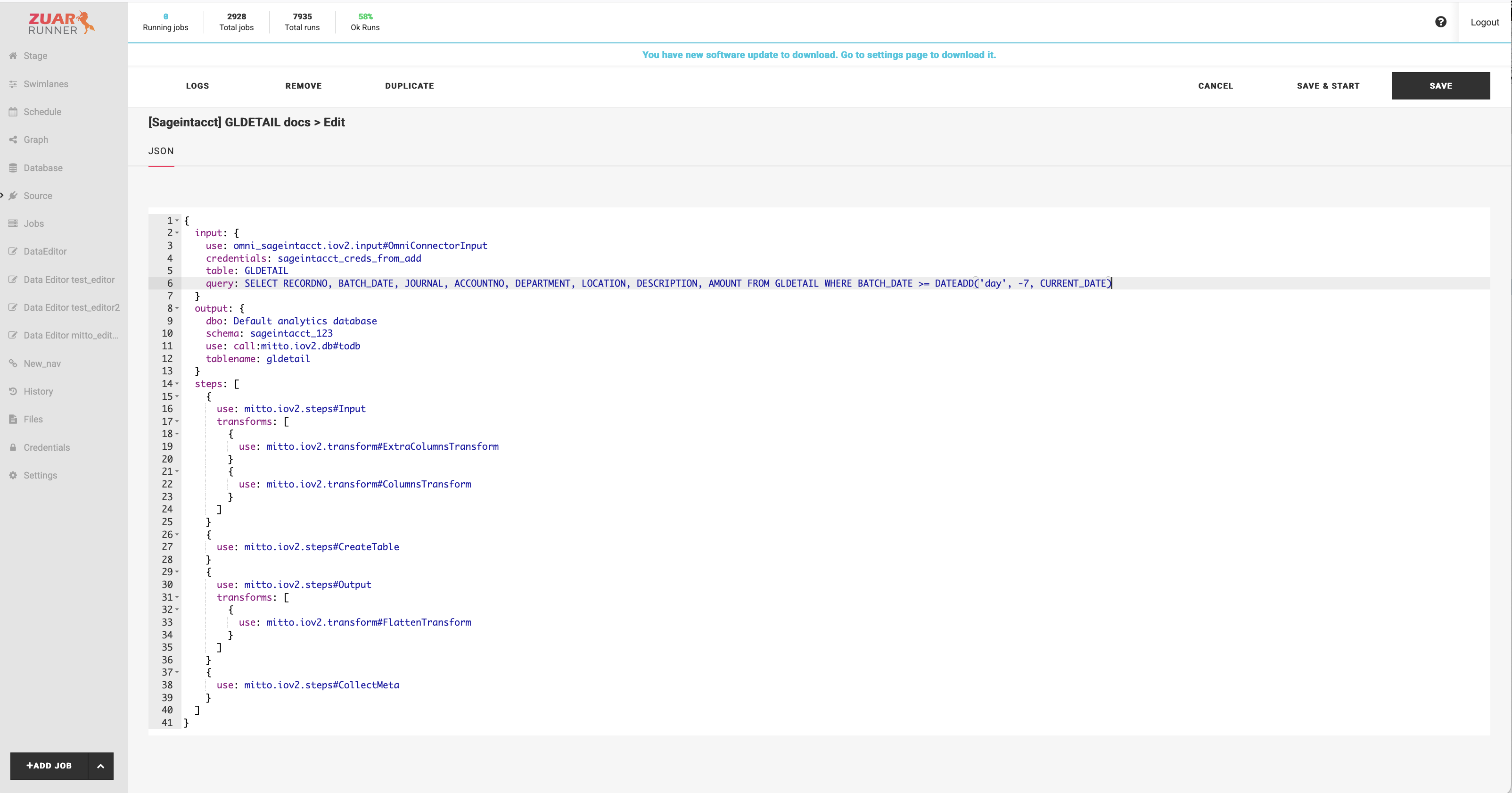 Sage Intacct job configuration with query parameter