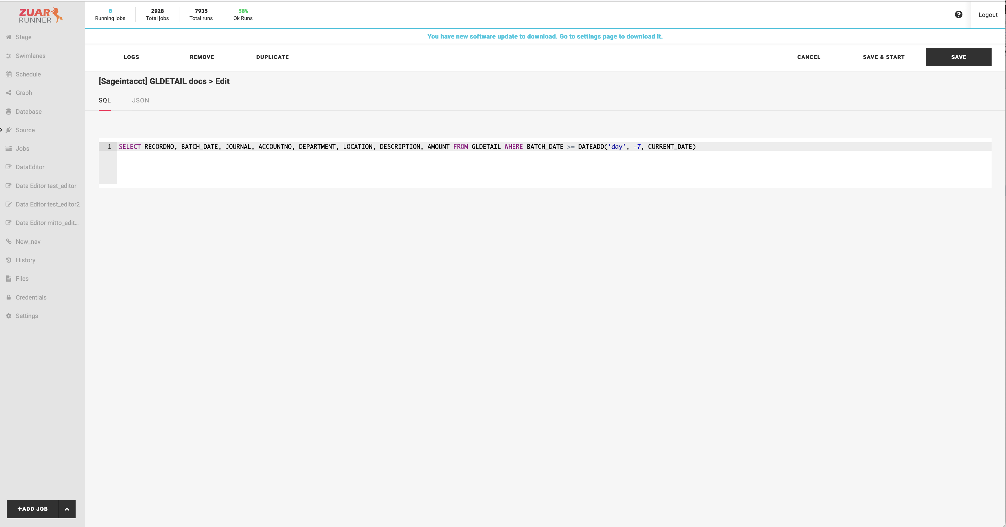 The Query tab in the job editor