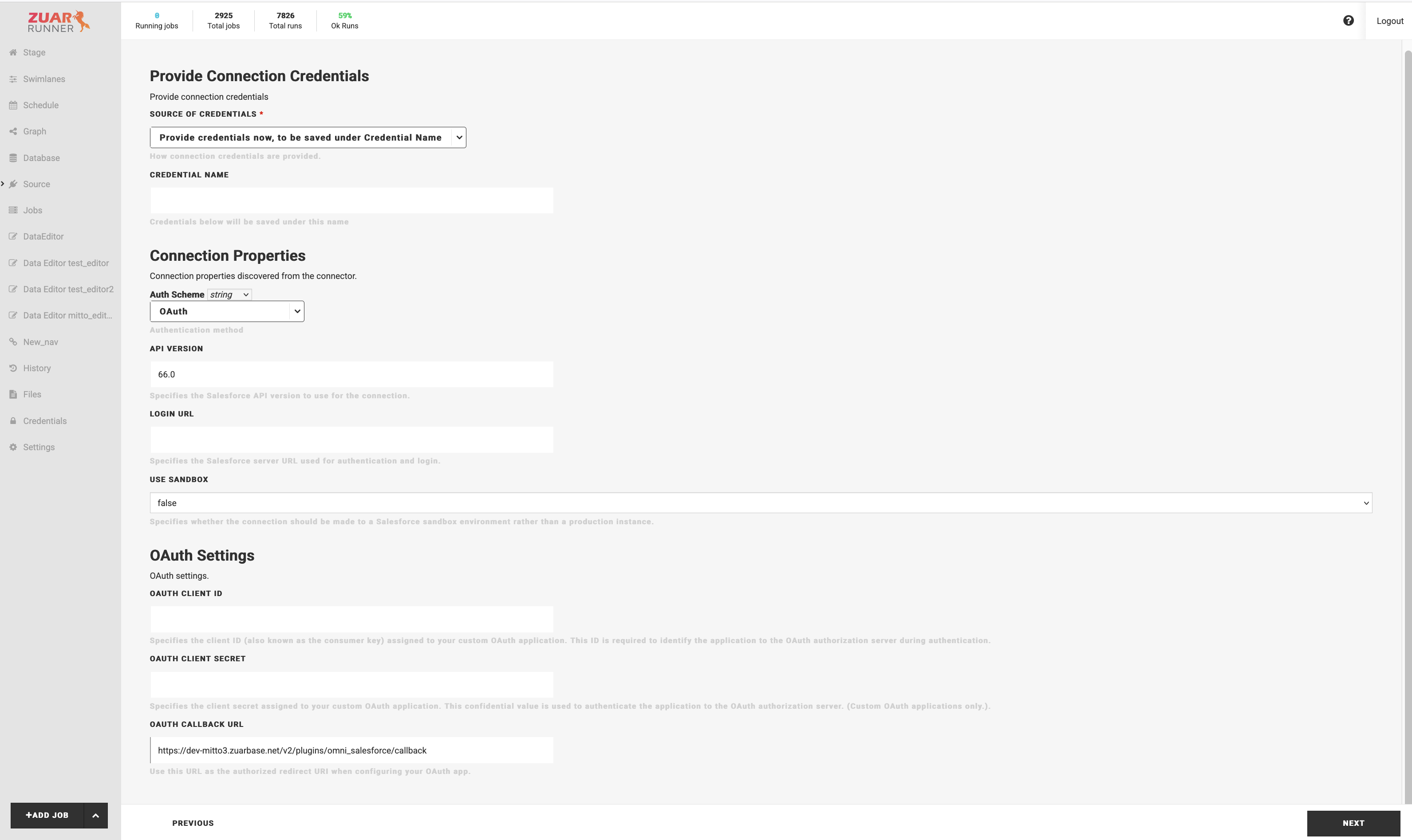 Omni Salesforce credentials screen with the OAuth scheme