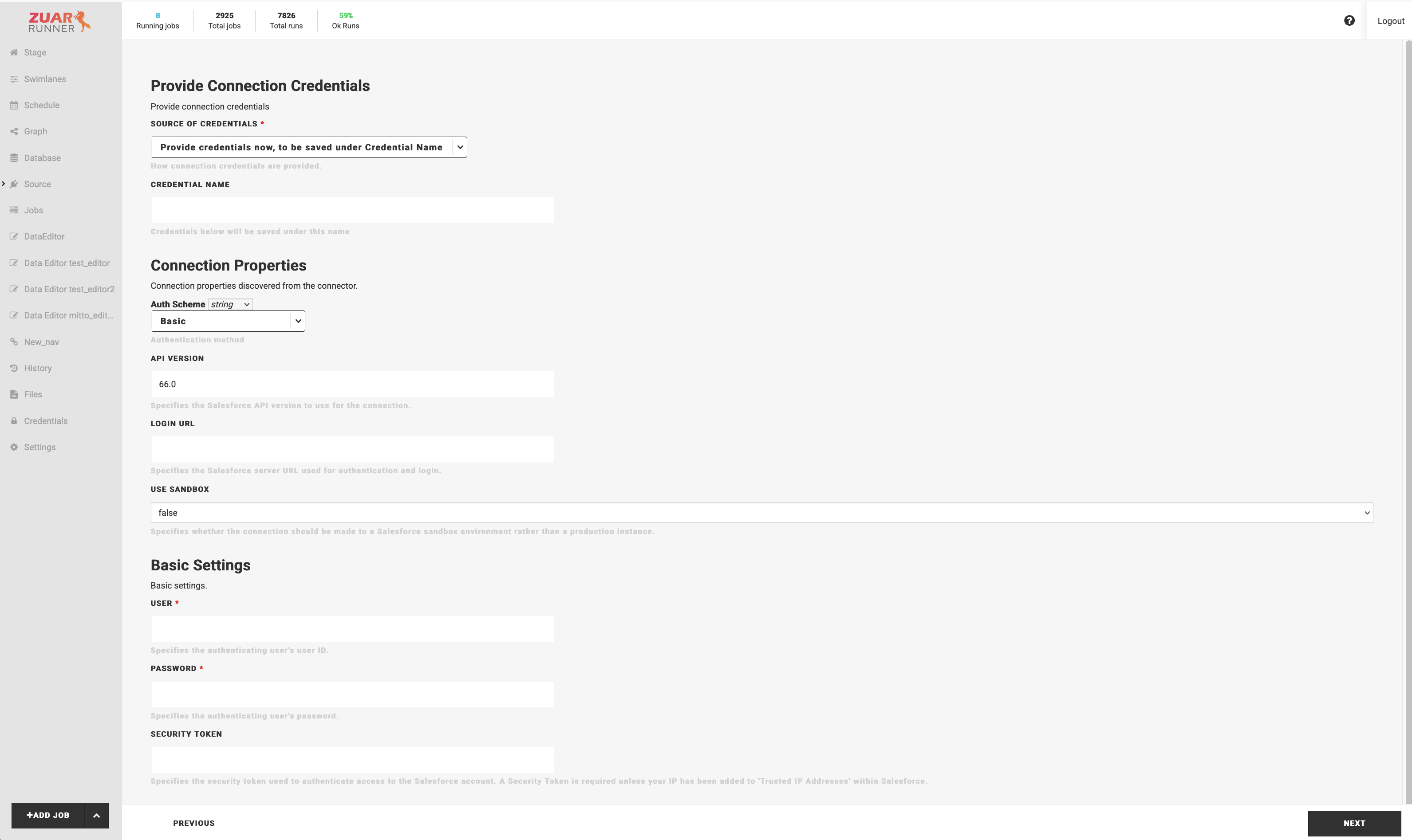 Omni Salesforce credentials screen with the Basic (security token) scheme