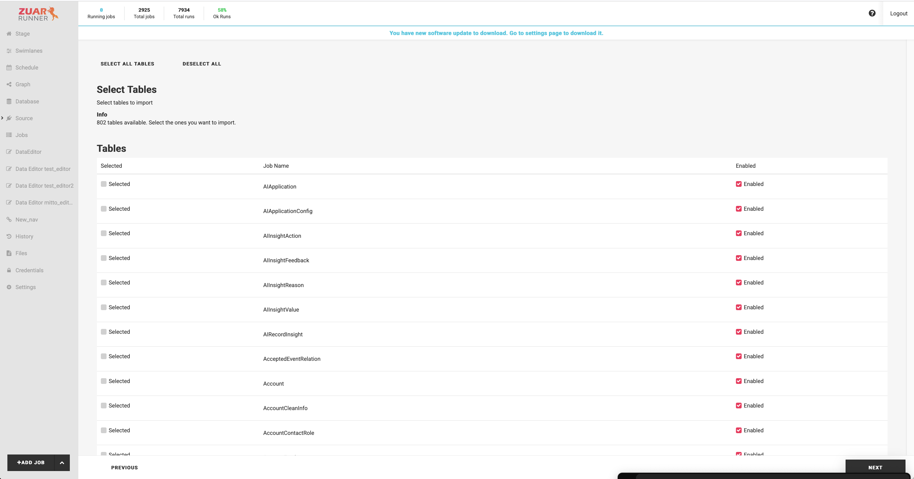 Select Tables screen listing available Salesforce tables